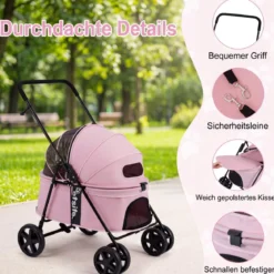 Hundewagen Faltbarer Hundebuggy mit 180° Verstellbarem Sonnendach & Feststellfunktion Rosa