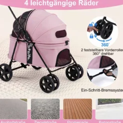 Hundewagen Faltbarer Hundebuggy mit 180° Verstellbarem Sonnendach & Feststellfunktion Rosa