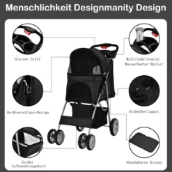 Hundewagen Haustiere Buggy bis 15kg Hundebuggy Katzenbuggy für kleine Hunde Katzen Schwarz
