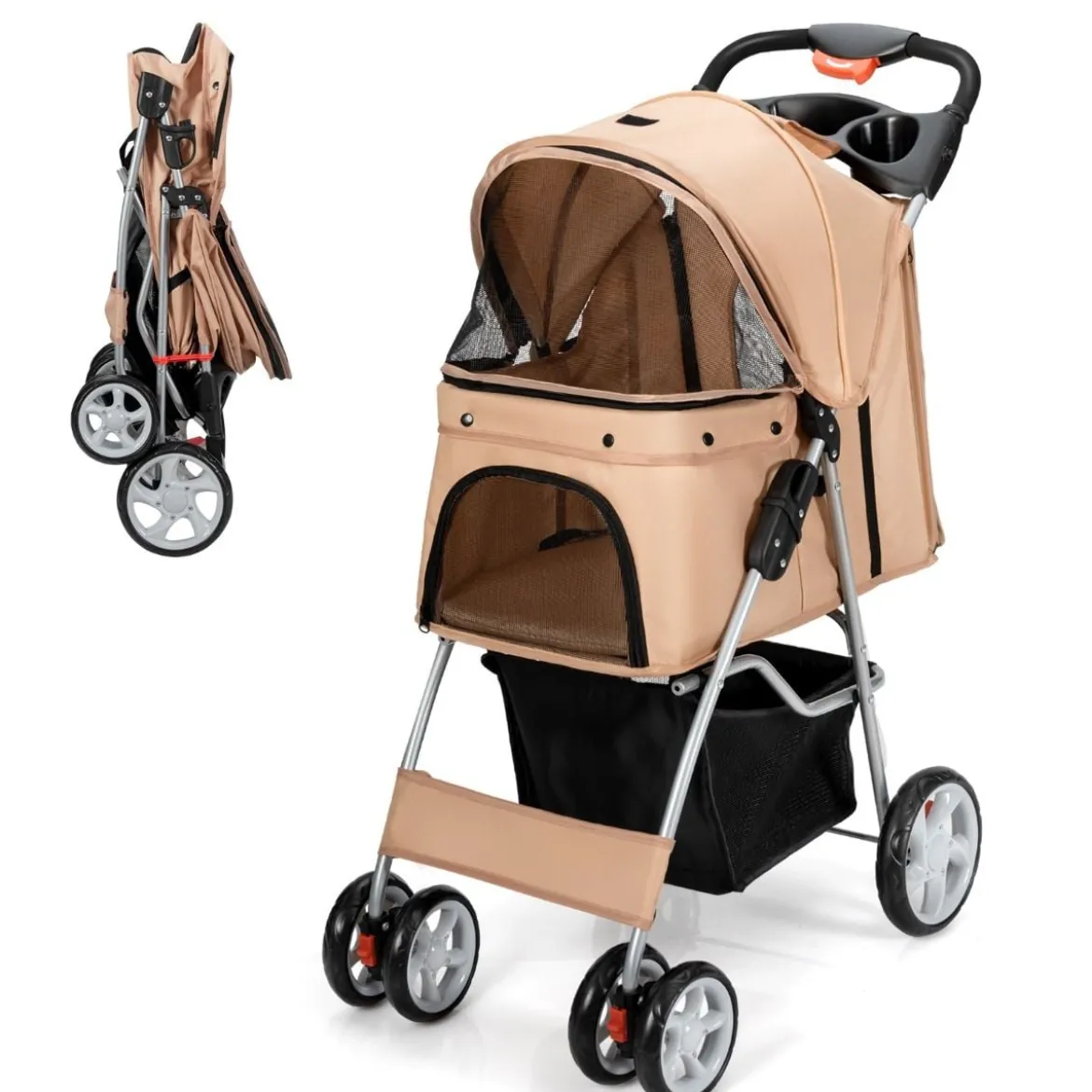 Hundewagen Haustiere Buggy bis 15kg Hundebuggy Katzenbuggy für kleine Hunde Katzen Beige