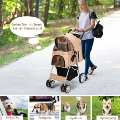 Hundewagen Haustiere Buggy bis 15kg Hundebuggy Katzenbuggy für kleine Hunde Katzen Beige