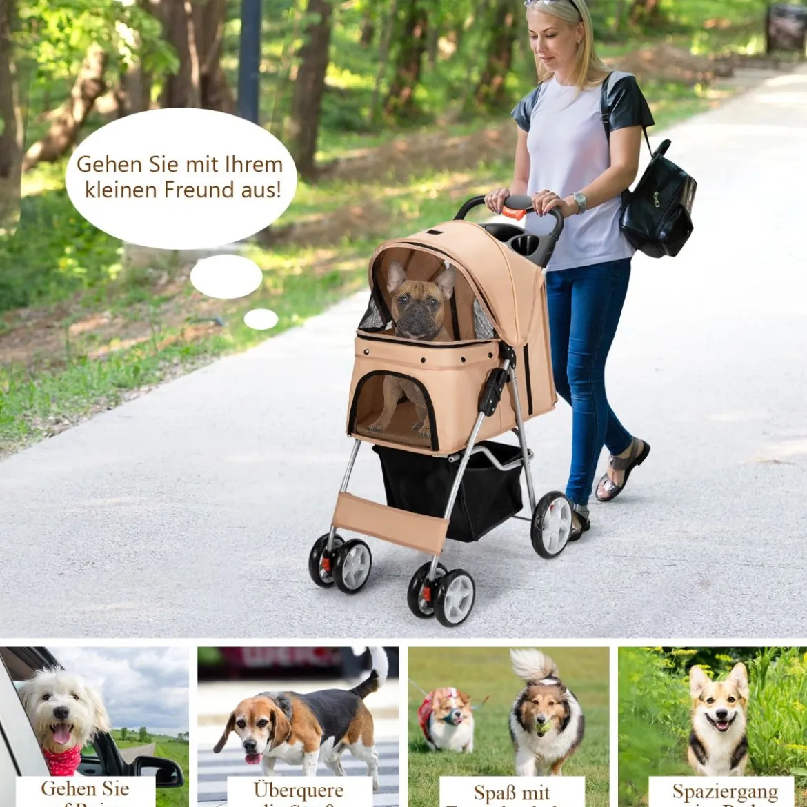 Hundewagen Haustiere Buggy bis 15kg Hundebuggy Katzenbuggy für kleine Hunde Katzen Beige