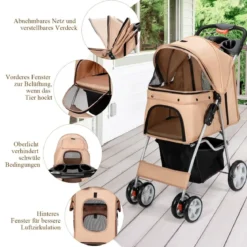 Hundewagen Haustiere Buggy bis 15kg Hundebuggy Katzenbuggy für kleine Hunde Katzen Beige