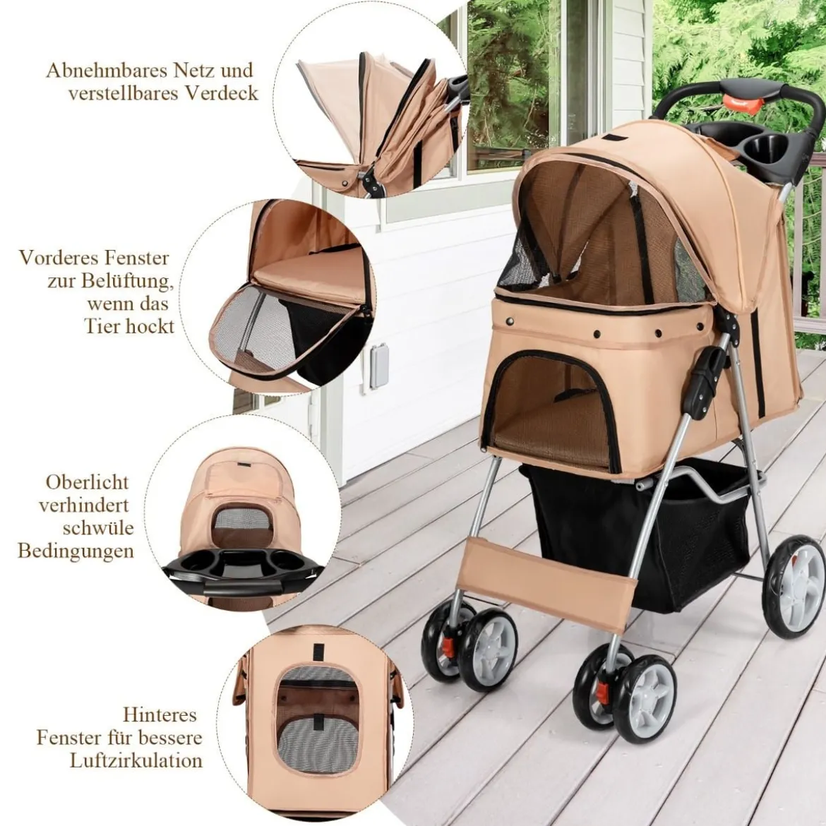 Hundewagen Haustiere Buggy bis 15kg Hundebuggy Katzenbuggy für kleine Hunde Katzen Beige