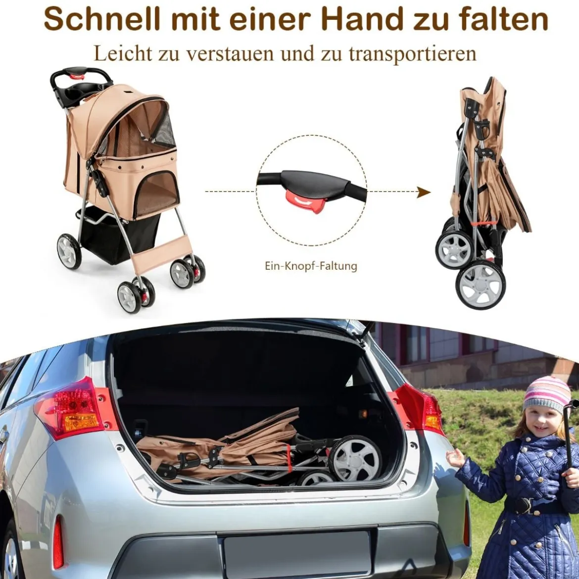 Hundewagen Haustiere Buggy bis 15kg Hundebuggy Katzenbuggy für kleine Hunde Katzen Beige