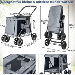 Hundewagen Hundebuggy klappbar bis 40 kg Hundetrolley mit Kissen 106 x 63 x 103 cm Grau