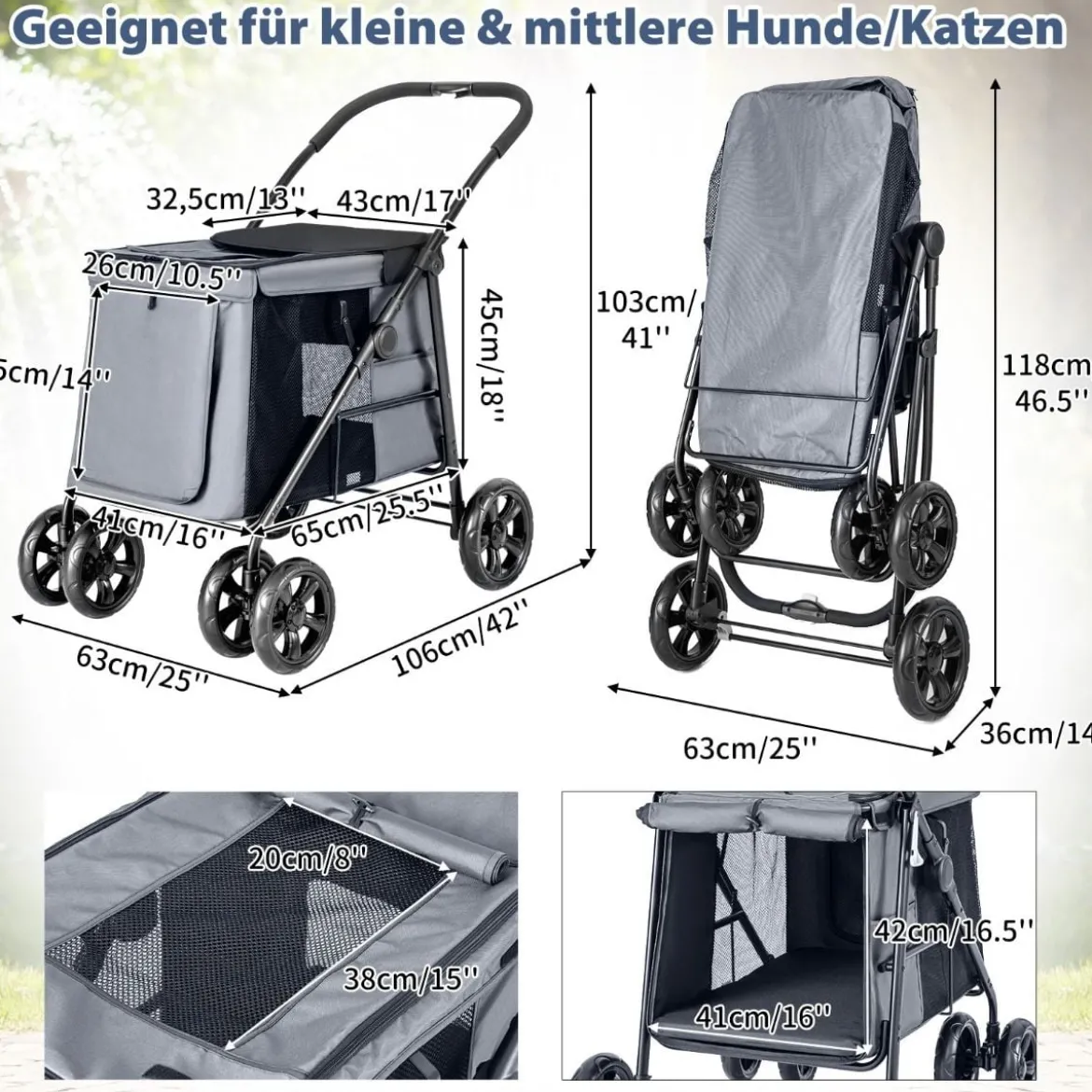 Hundewagen Hundebuggy klappbar bis 40 kg Hundetrolley mit Kissen 106 x 63 x 103 cm Grau