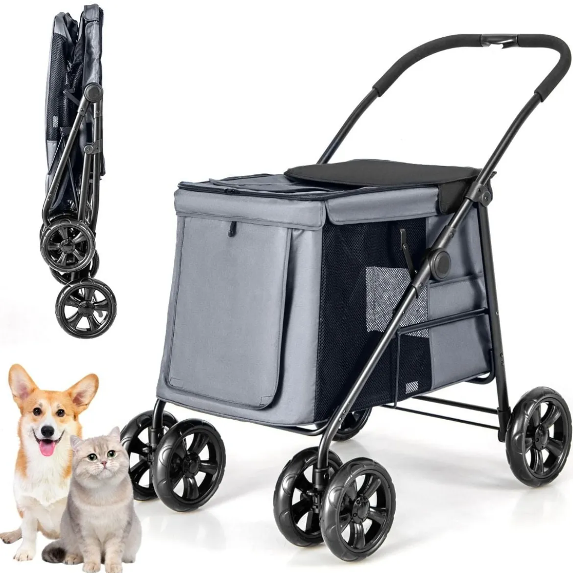Hundewagen Hundebuggy klappbar bis 40 kg Hundetrolley mit Kissen 106 x 63 x 103 cm Grau