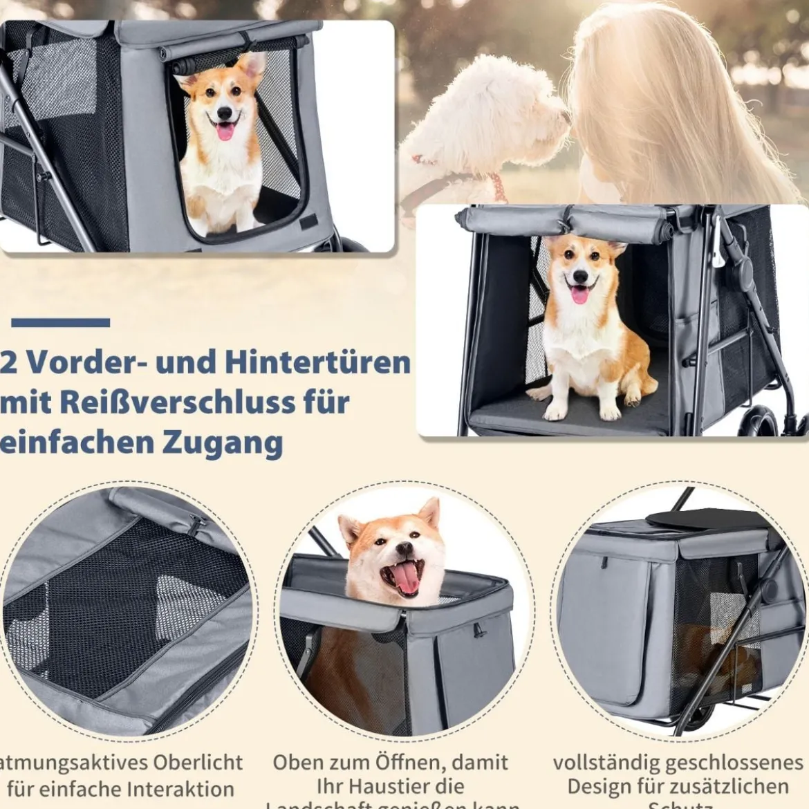 Hundewagen Hundebuggy klappbar bis 40 kg Hundetrolley mit Kissen 106 x 63 x 103 cm Grau