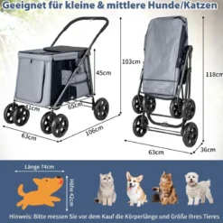 Hundewagen Hundebuggy klappbar bis 40 kg Hundetrolley mit Kissen 106 x 63 x 103 cm Grau