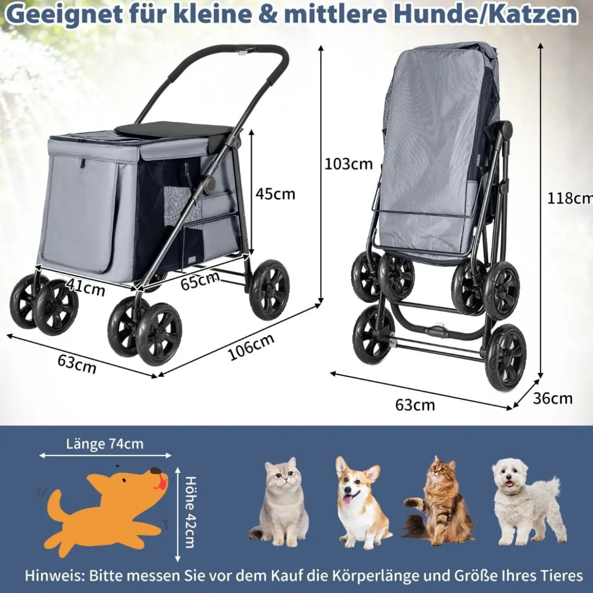 Hundewagen Hundebuggy klappbar bis 40 kg Hundetrolley mit Kissen 106 x 63 x 103 cm Grau