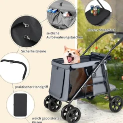Hundewagen Hundebuggy klappbar bis 40 kg Hundetrolley mit Kissen 106 x 63 x 103 cm Grau