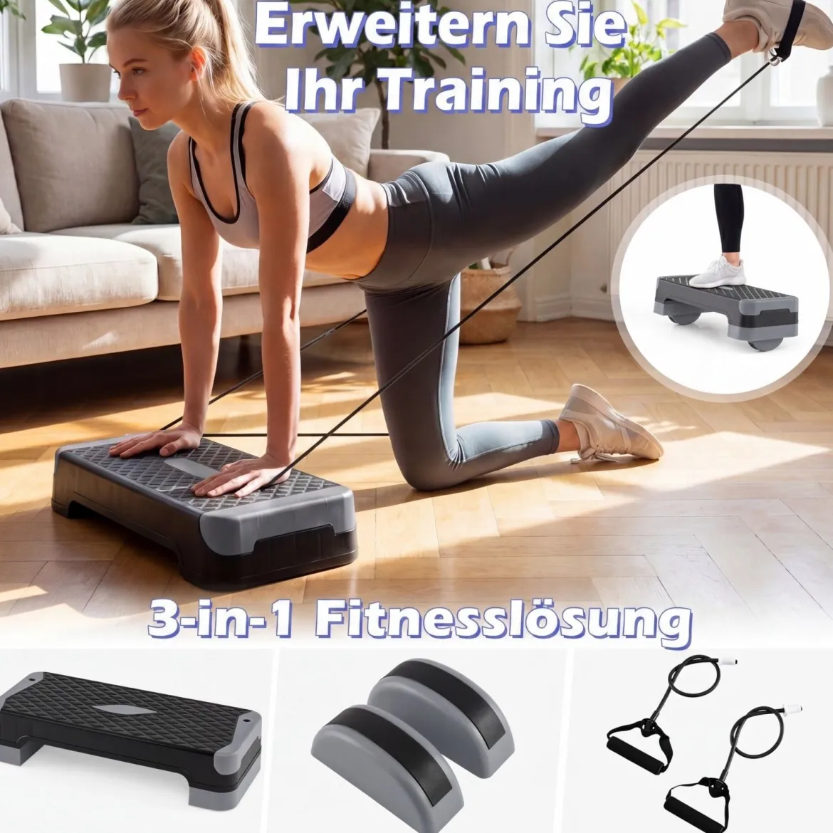 3-in-1 Aerobic Stepper Höhenverstellbar Fitness Stepper mit 2 Stapelbaren Erhöhungen & Balance-Trainern