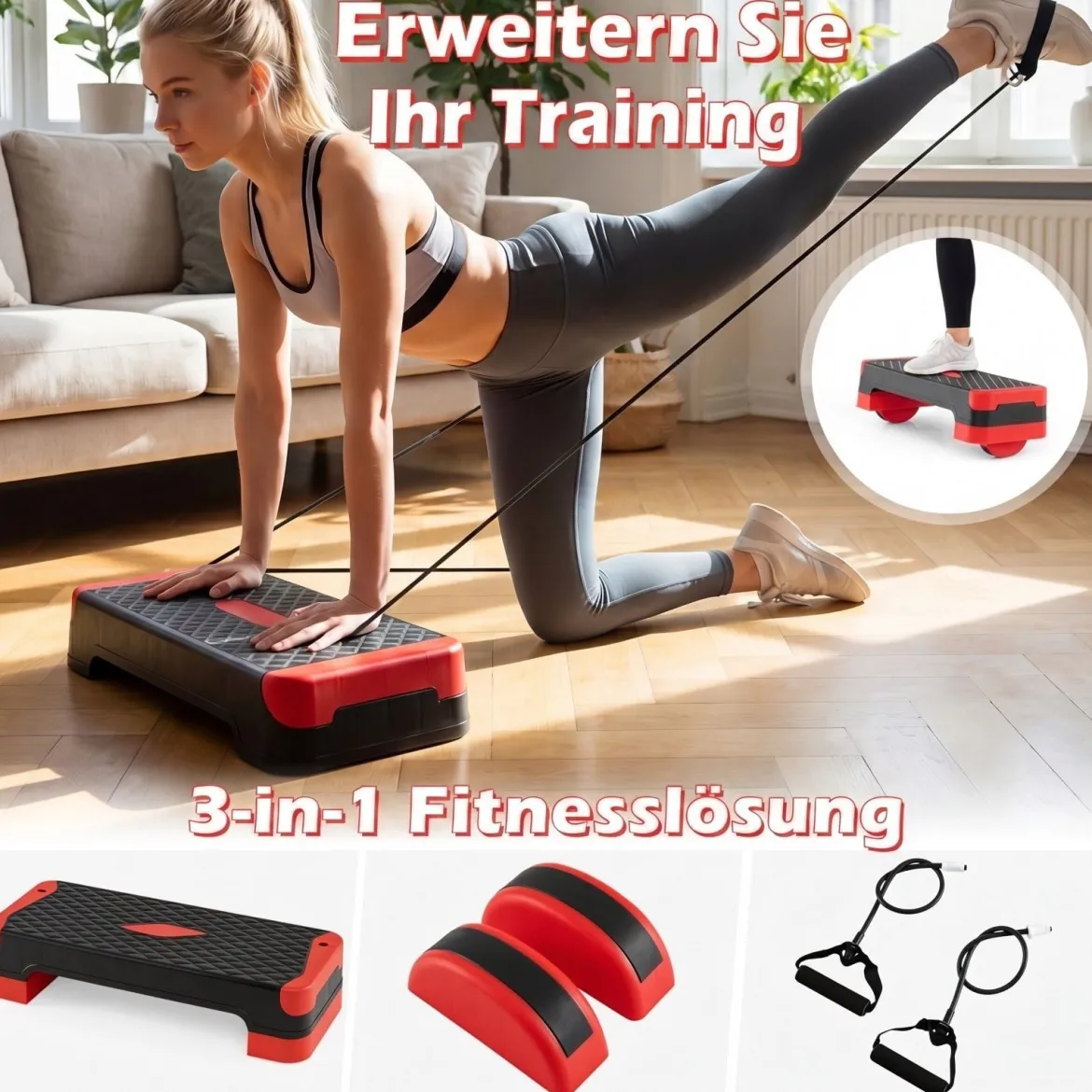 3-in-1 Aerobic Stepper Höhenverstellbar Fitness Stepper mit 2 Stapelbaren Erhöhungen & Balance-Trainern