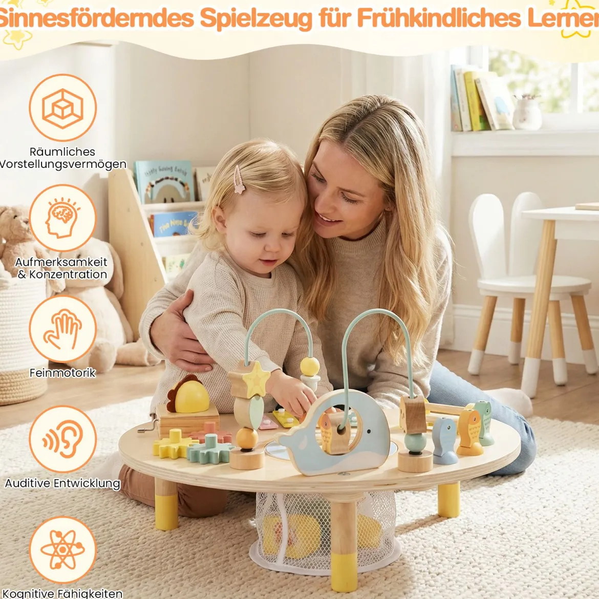 7 in 1 Aktivitätstisch für Kleinkinder Montessori Sinnes-Spielzeug ab 12 Monaten Holz Musikspiel Tisch