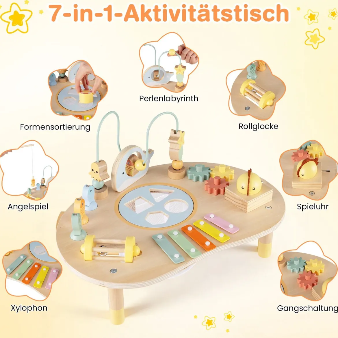7 in 1 Aktivitätstisch für Kleinkinder Montessori Sinnes-Spielzeug ab 12 Monaten Holz Musikspiel Tisch