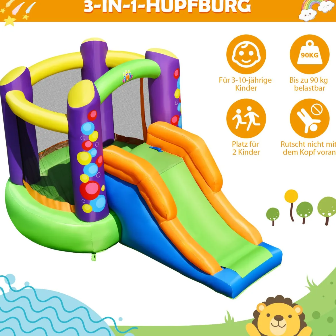 3 in 1 Aufblasbare Hüpfburg mit Gebläse Outdoor Bouncer Spielburg 350 x 212 x 195 cm Bunt