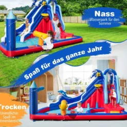 6 in 1 Aufblasbare Hüpfburg mit Kletterwand & Spritzpool & Wasserkanone & Basketballkorb