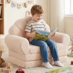 2 in 1 ausklappbares Kindersofa Kindersessel mit Schlaffunktion Kindercouch für Jungen Beige
