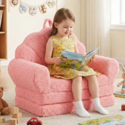 2 in 1 ausklappbares Kindersofa Kindersessel mit Schlaffunktion Kindercouch Rosa
