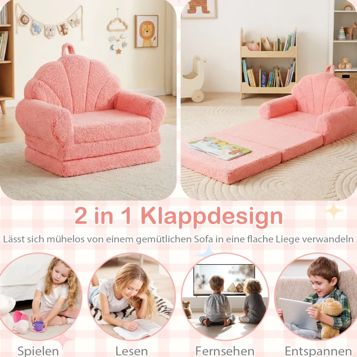 2 in 1 ausklappbares Kindersofa Kindersessel mit Schlaffunktion Kindercouch Rosa