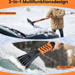 2 in 1 Auto Zweiseitiger Eiskratzer & 180° Drehbarer Kopf & 3 Stufig Verstellbarer Stange