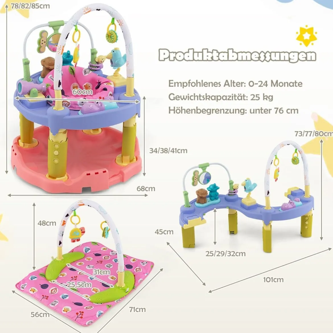 3-in-1 Baby Aktivitätszentrum mit Aktivitätstisch & Spielmatte ideal für 0-24 Monate Rosa