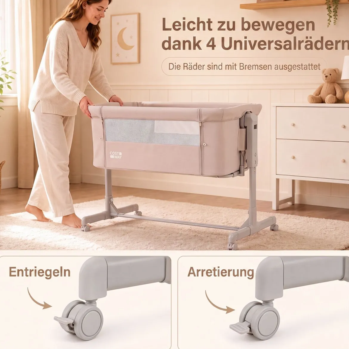 3 in 1 Baby Beistellbett Babybett mit 6-stufiger Höhenverstellung & 4 Räder bis zu 9 kg Belastbar Beige
