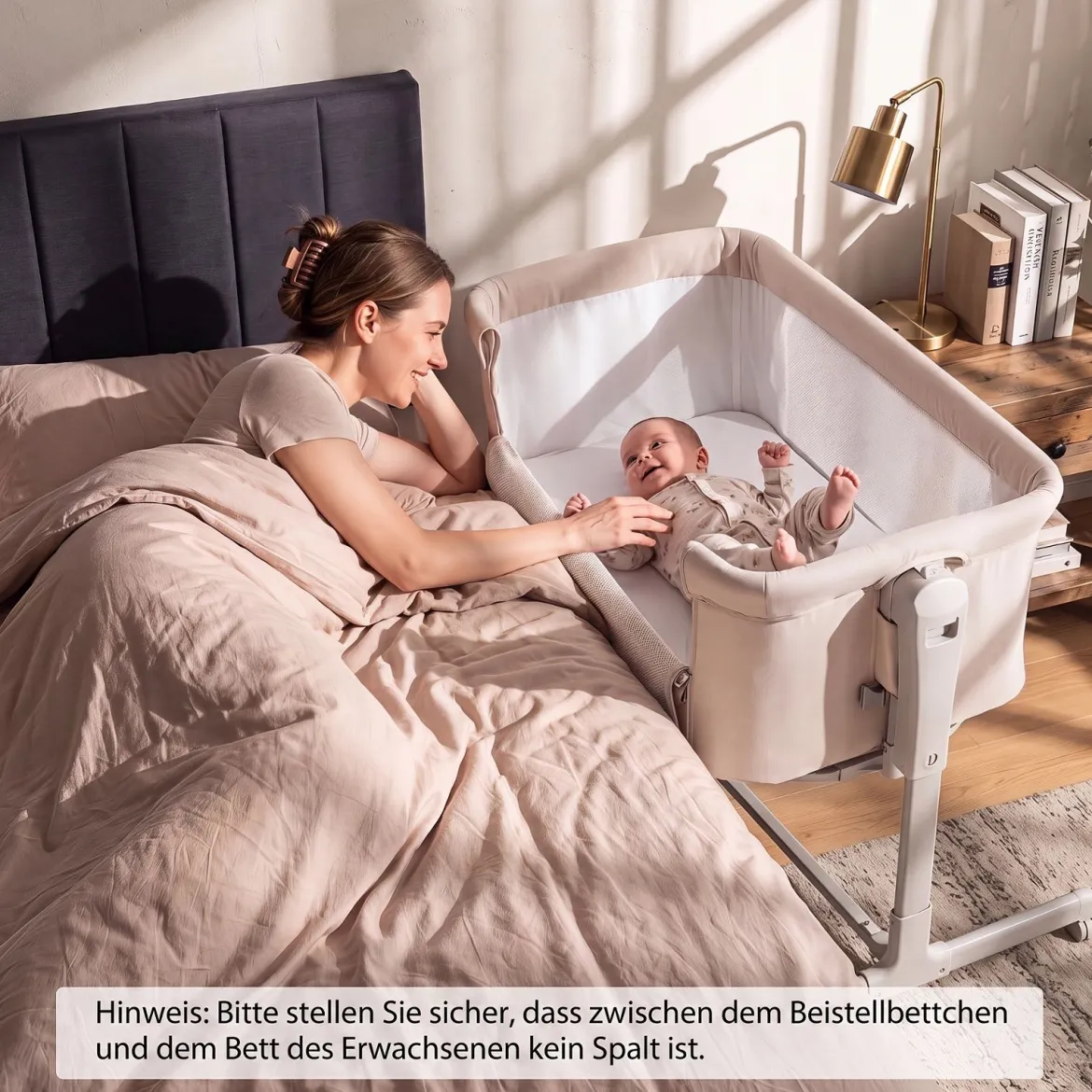 3 in 1 Baby Beistellbett Babybett mit 6-stufiger Höhenverstellung & 4 Räder bis zu 9 kg Belastbar Beige