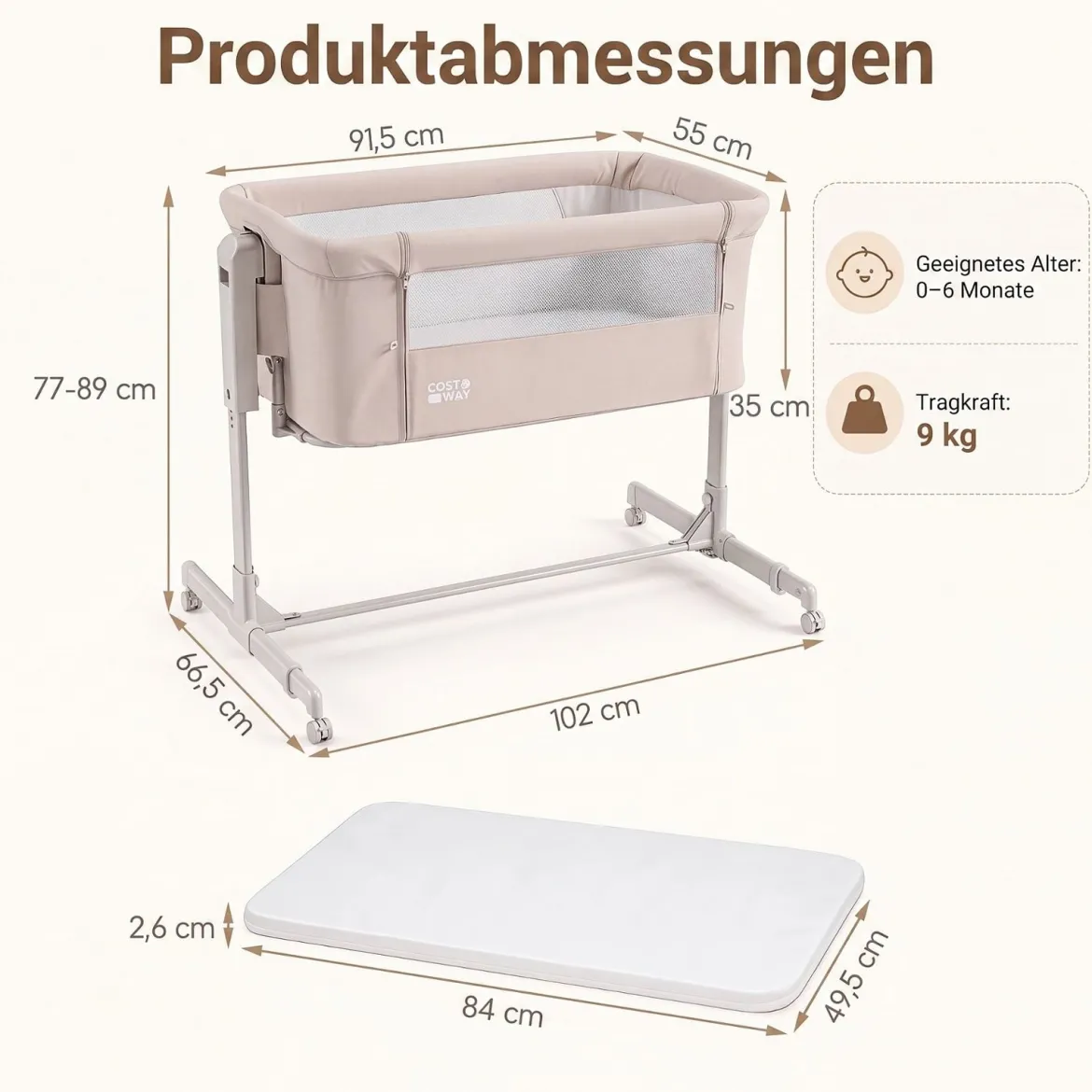 3 in 1 Baby Beistellbett Babybett mit 6-stufiger Höhenverstellung & 4 Räder bis zu 9 kg Belastbar Beige