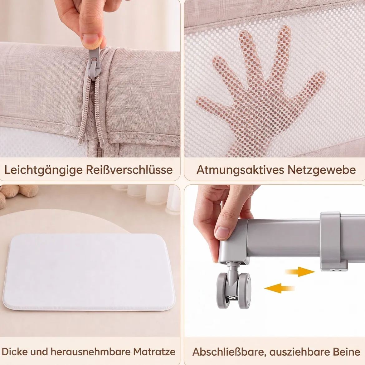 3 in 1 Baby Beistellbett Babybett mit 6-stufiger Höhenverstellung & 4 Räder bis zu 9 kg Belastbar Beige
