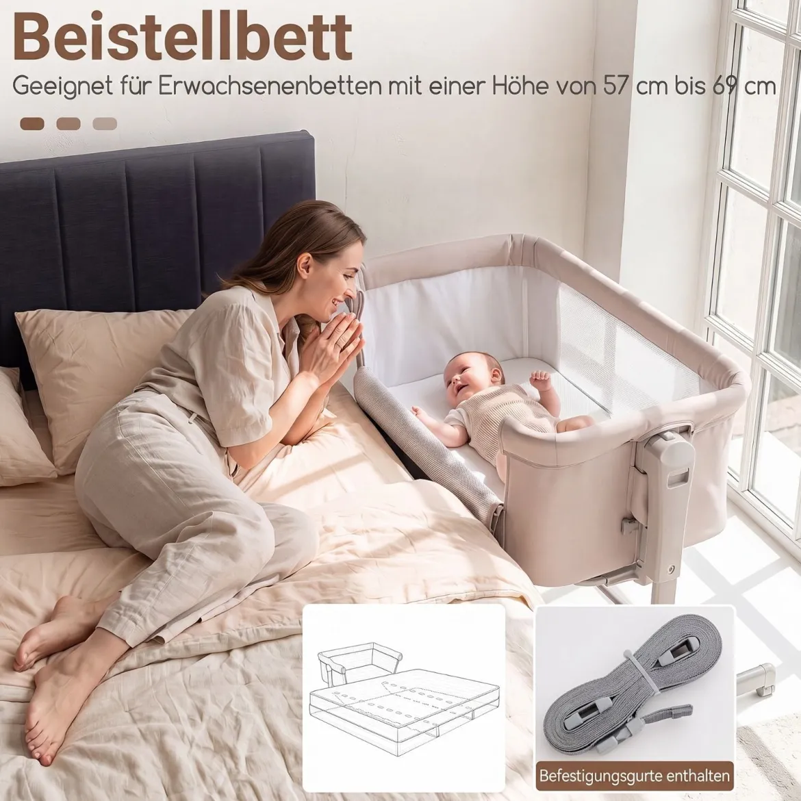 3 in 1 Baby Beistellbett Babybett mit 6-stufiger Höhenverstellung & 4 Räder bis zu 9 kg Belastbar Beige