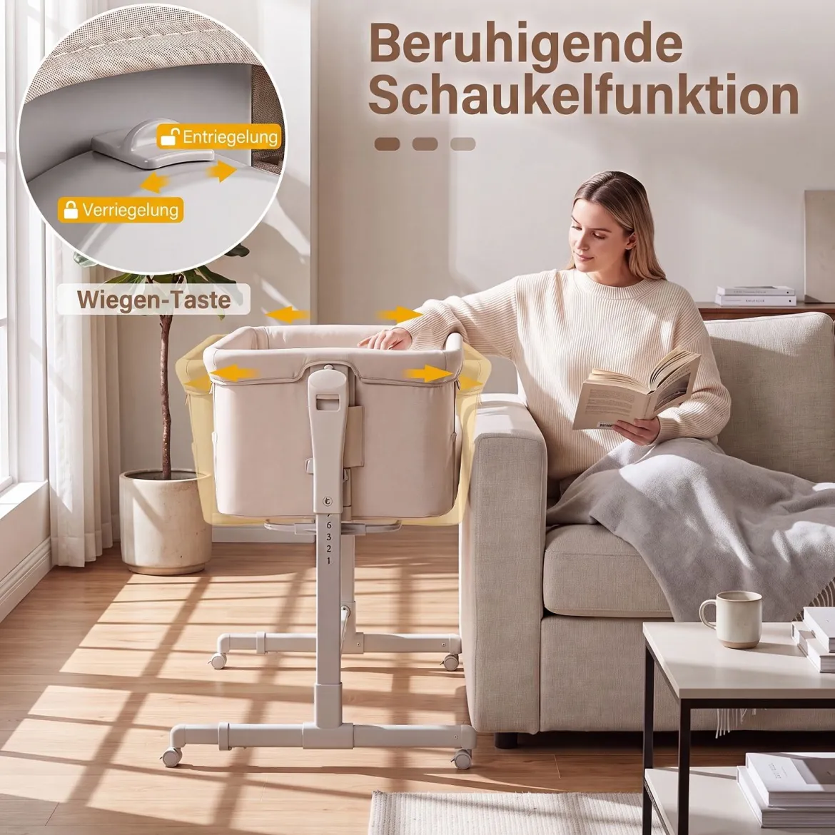 3 in 1 Baby Beistellbett Babybett mit 6-stufiger Höhenverstellung & 4 Räder bis zu 9 kg Belastbar Beige