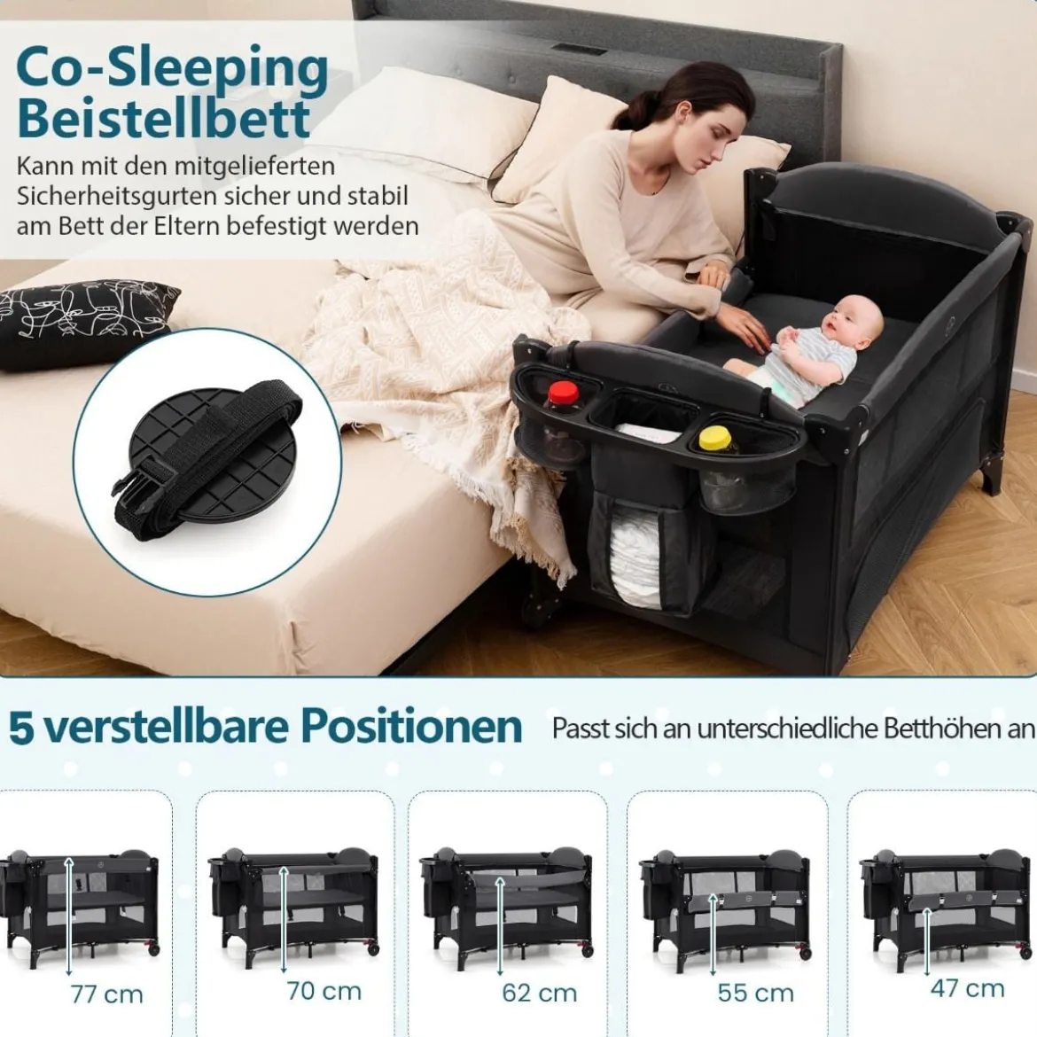 5 in 1 Baby Beistellbett Reisebett mit Matratze & Wickelauflage & Mosktionetz & Spielbogen