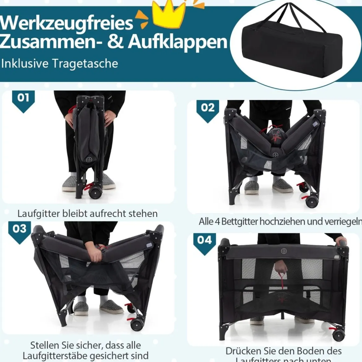 5 in 1 Baby Beistellbett Reisebett mit Matratze & Wickelauflage & Mosktionetz & Spielbogen
