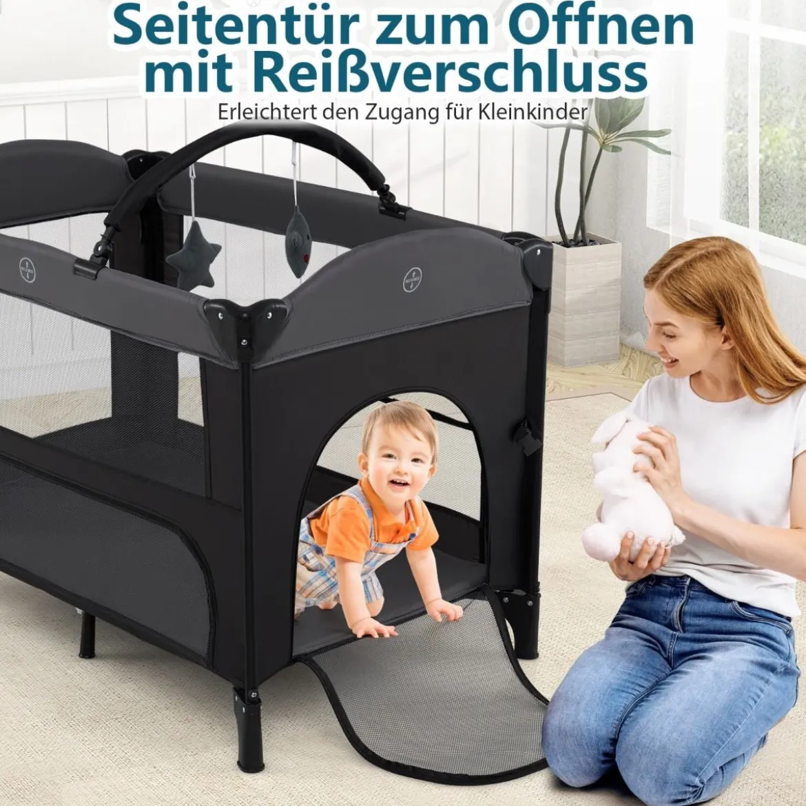 5 in 1 Baby Beistellbett Reisebett mit Matratze & Wickelauflage & Mosktionetz & Spielbogen