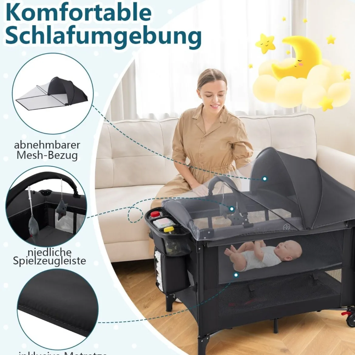5 in 1 Baby Beistellbett Reisebett mit Matratze & Wickelauflage & Mosktionetz & Spielbogen