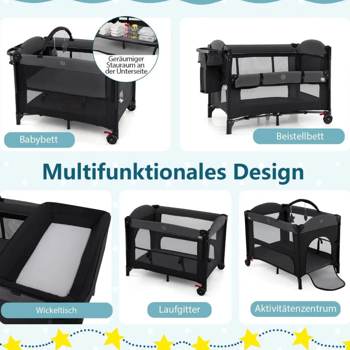 5 in 1 Baby Beistellbett Reisebett mit Matratze & Wickelauflage & Mosktionetz & Spielbogen