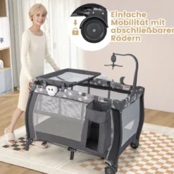 3 in 1 Babybett 2 Ebenen Reisebett mit Faltbarer Matratze & Wickelauflage & Rollen Dunkelgrau