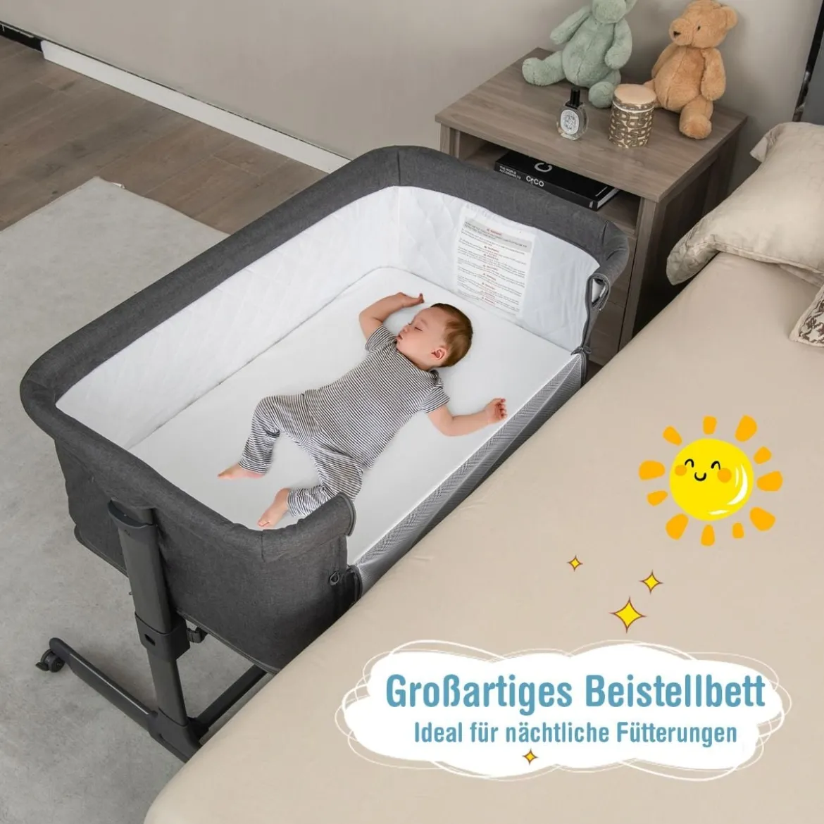 3 in 1 Babybett Klappbare Babywiege mit Matratze Grau