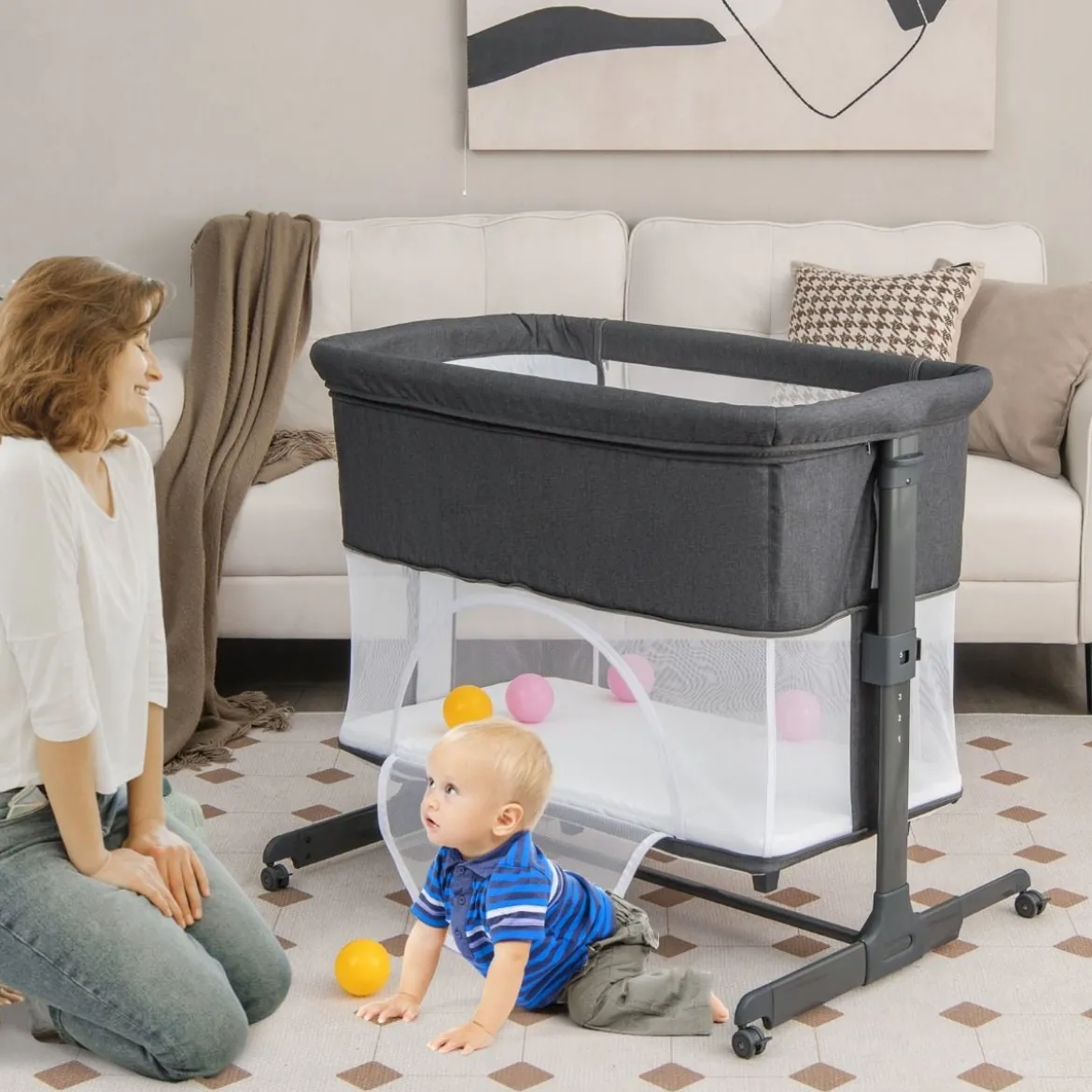 3 in 1 Babybett Klappbare Babywiege mit Matratze Grau