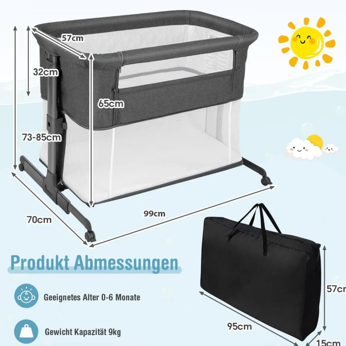 3 in 1 Babybett Klappbare Babywiege mit Matratze Grau