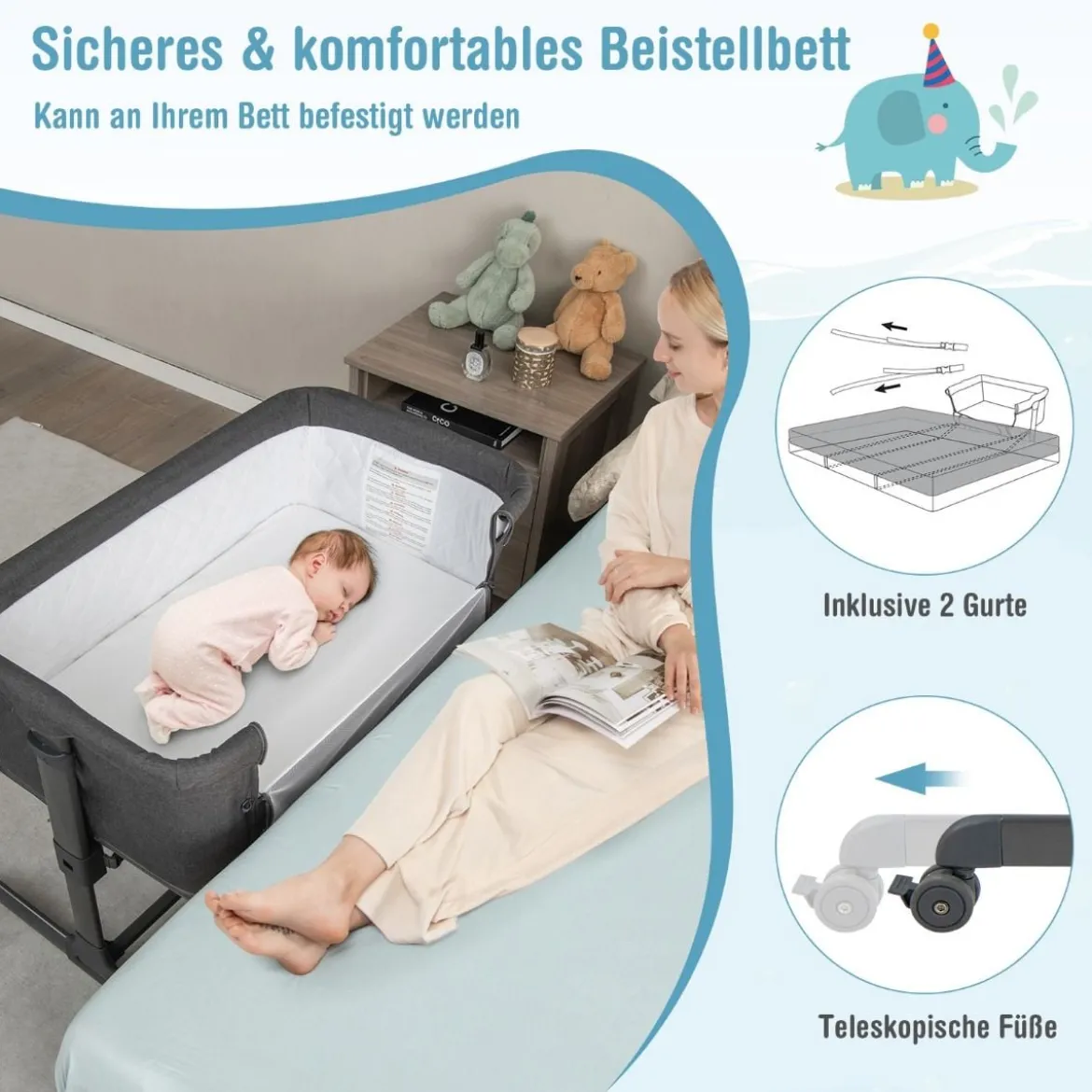 3 in 1 Babybett Klappbare Babywiege mit Matratze Grau