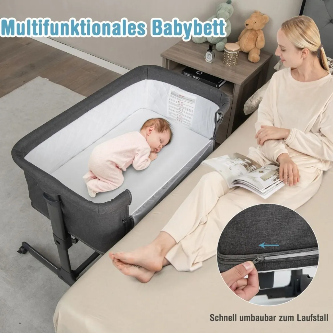3 in 1 Babybett Klappbare Babywiege mit Matratze Grau