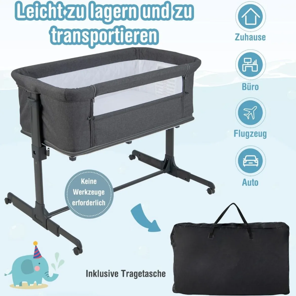3 in 1 Babybett Klappbare Babywiege mit Matratze Grau