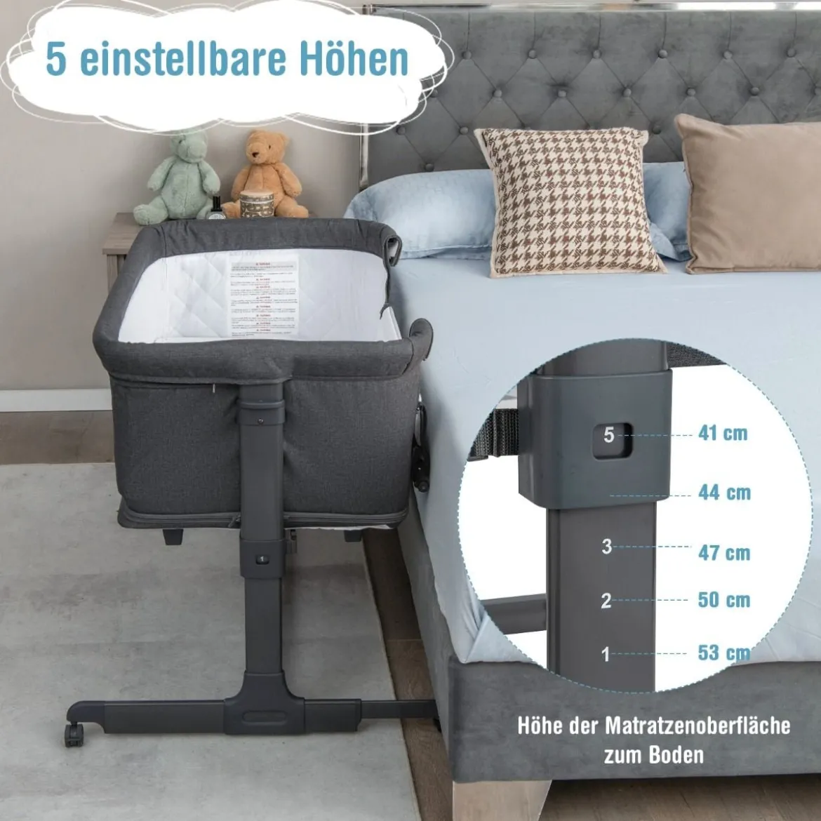 3 in 1 Babybett Klappbare Babywiege mit Matratze Grau