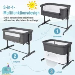 3 in 1 Babybett Klappbare Babywiege mit Matratze Grau