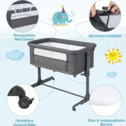 3 in 1 Babybett Klappbare Babywiege mit Matratze Grau