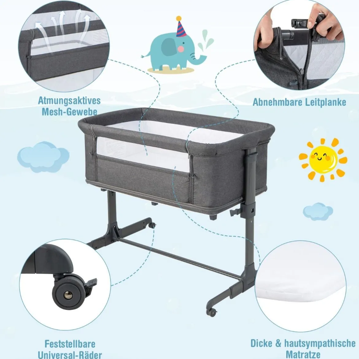 3 in 1 Babybett Klappbare Babywiege mit Matratze Grau
