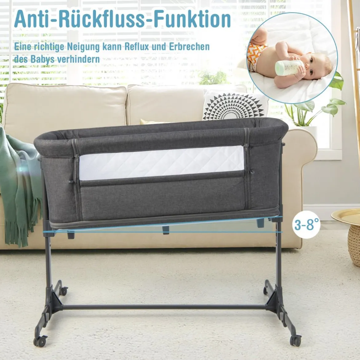 3 in 1 Babybett Klappbare Babywiege mit Matratze Grau